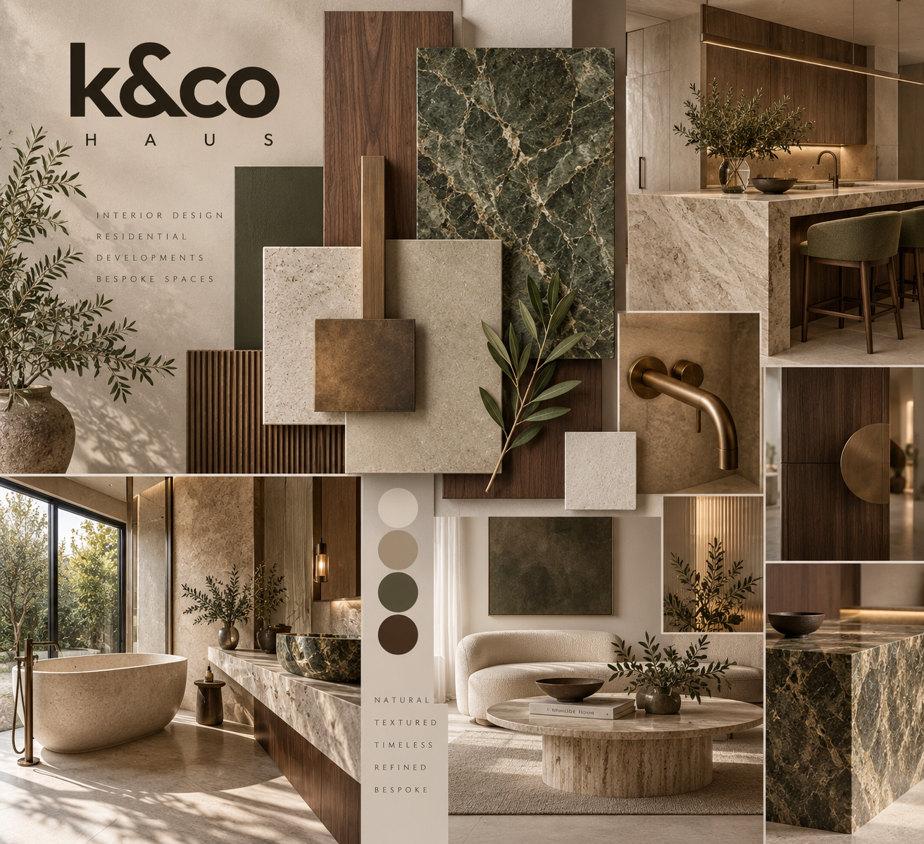 Earth-toned material palette with timber, stone and olive accents
