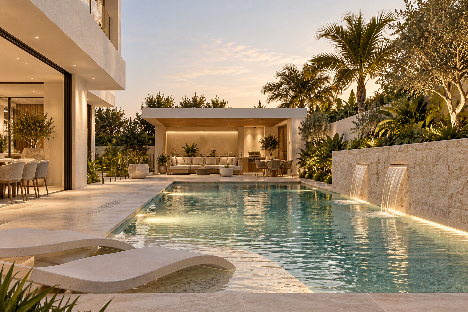 Golden-hour pool retreat with a shaded outdoor pavilion