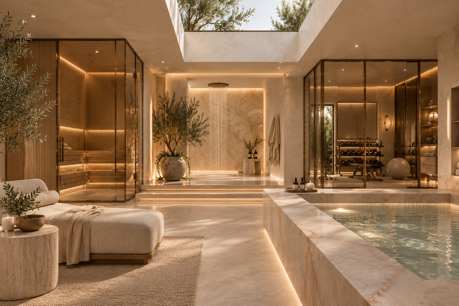 Home spa with sauna, stone finishes and integrated lighting