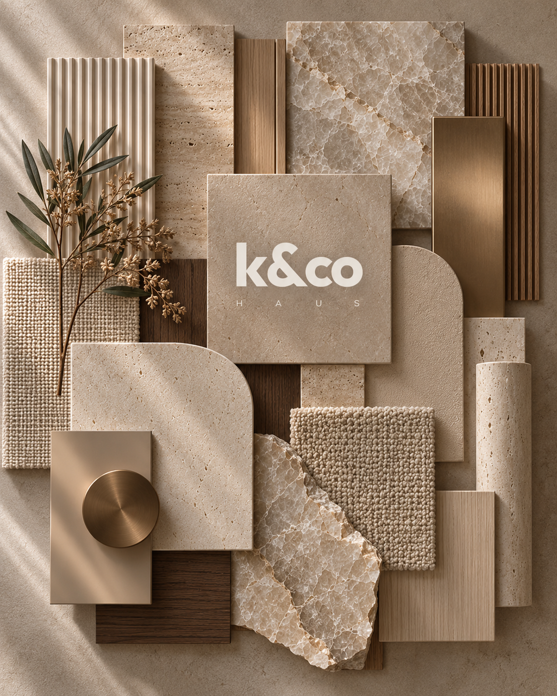 Material samples of natural stone, timber, textiles and warm metal
