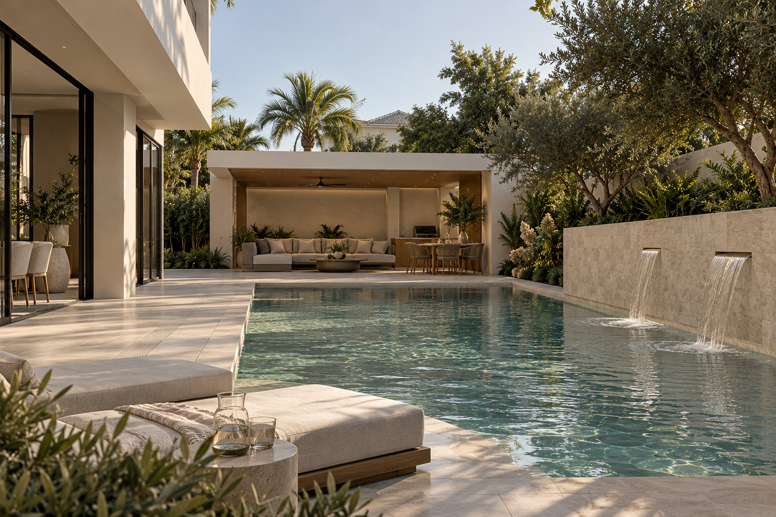 Poolside pavilion with lounge seating and landscaped surrounds