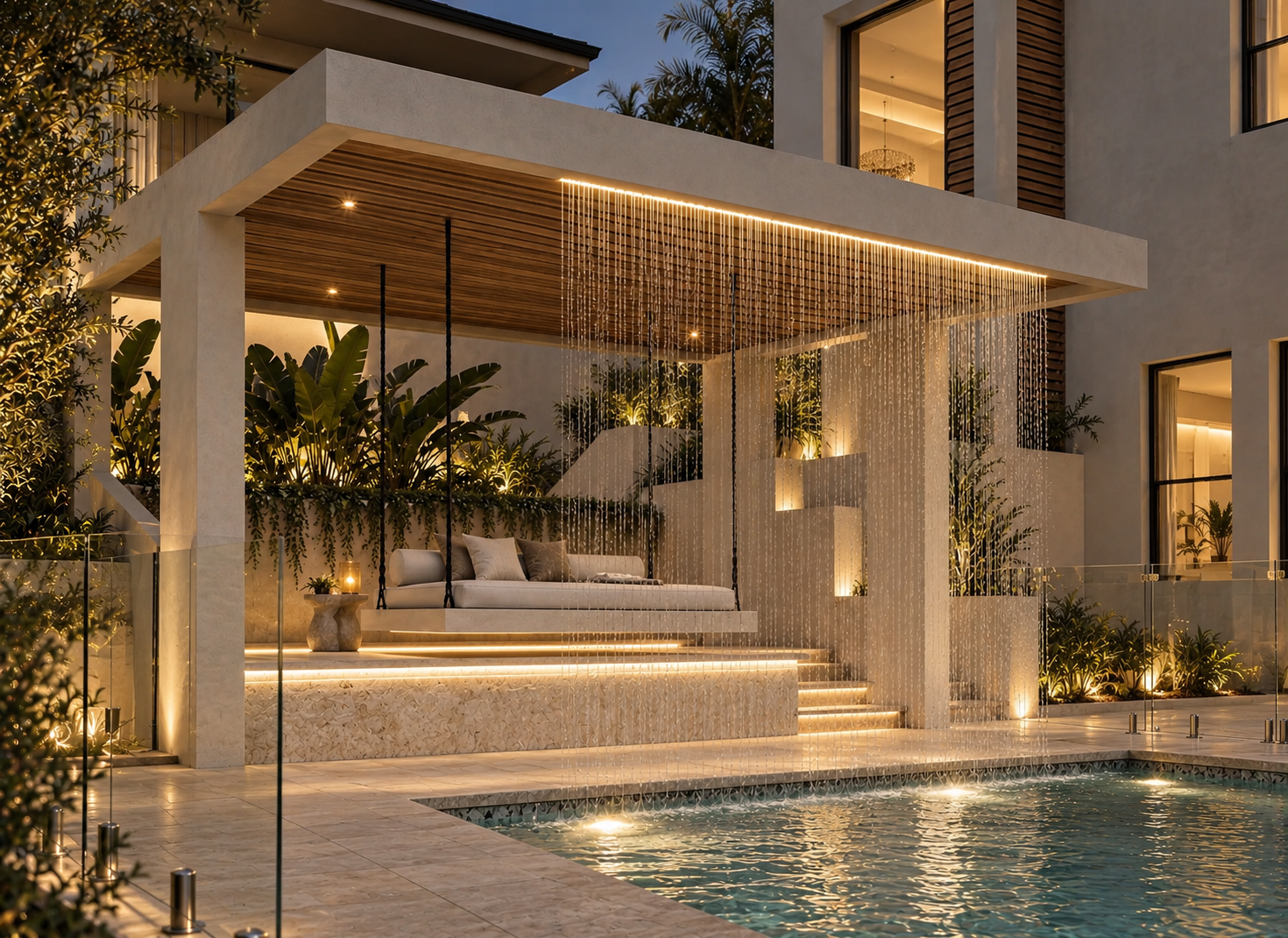 Waterfall pavilion with illuminated steps and tropical planting