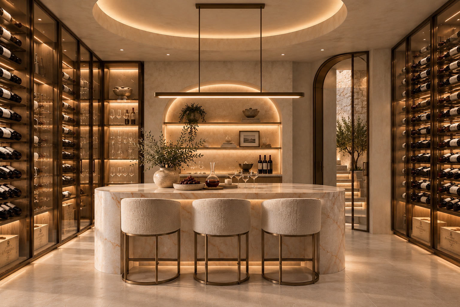 Wine cellar with an arched niche, stone island and warm lighting