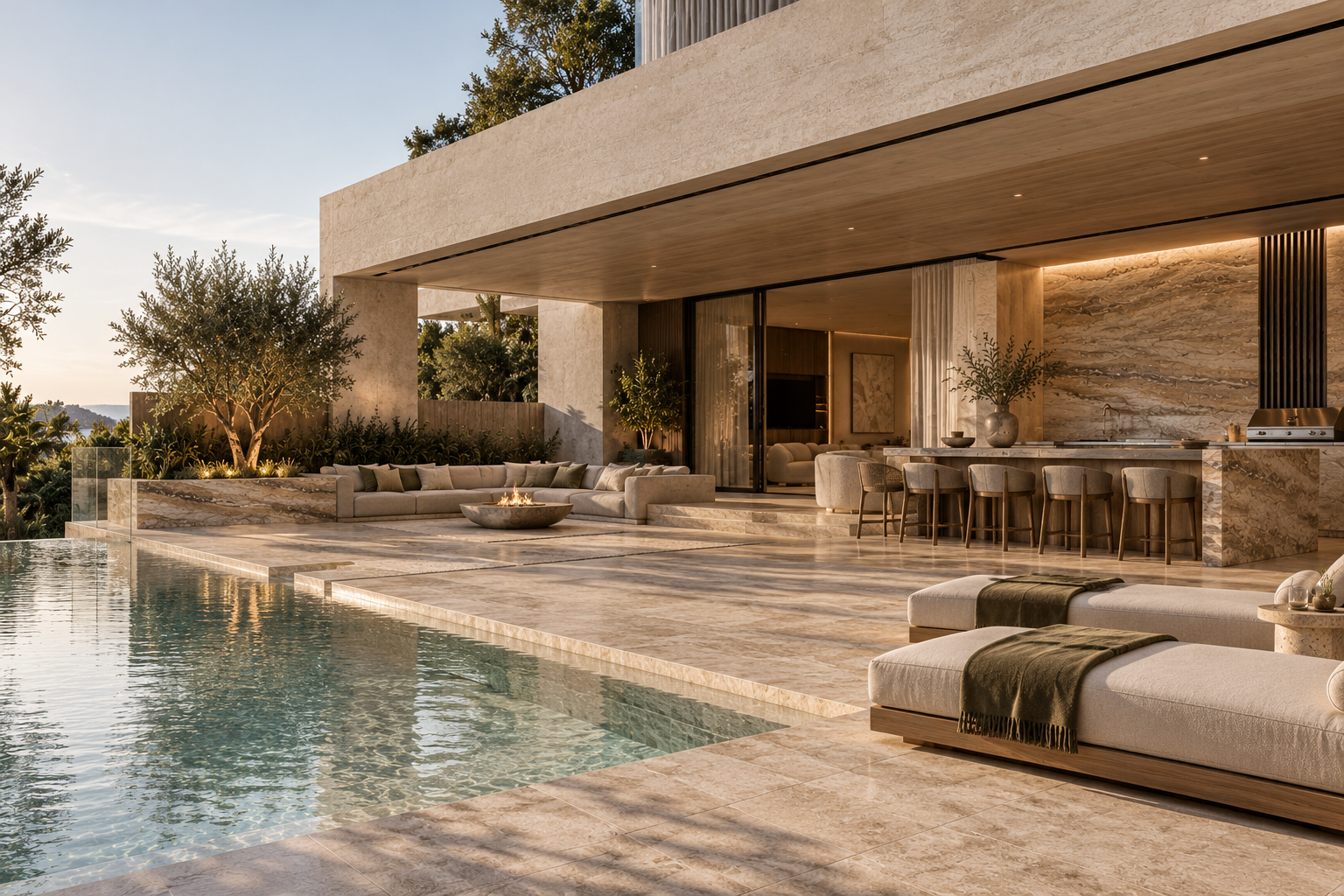 Covered alfresco kitchen and lounge beside the pool