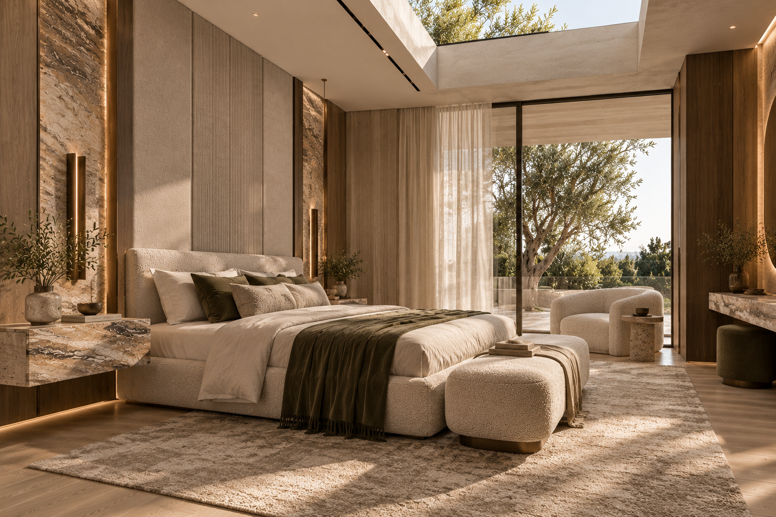 Pale textiles and warm timber in a calm bedroom