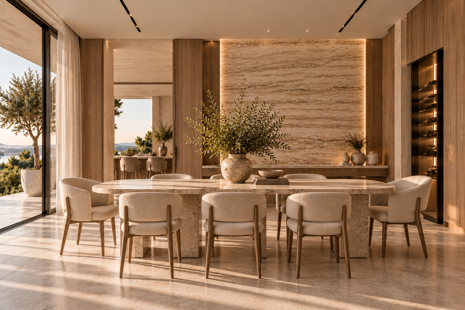 Dining room with upholstered chairs and a sculptural stone table