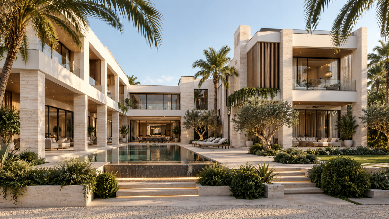 Palm-lined contemporary exterior with a pool and stone terraces