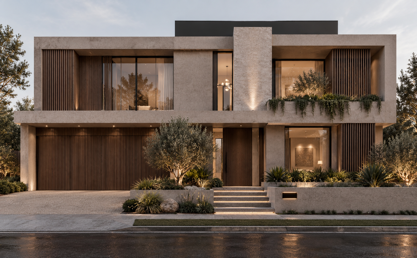 Contemporary facade with timber screens and stone cladding