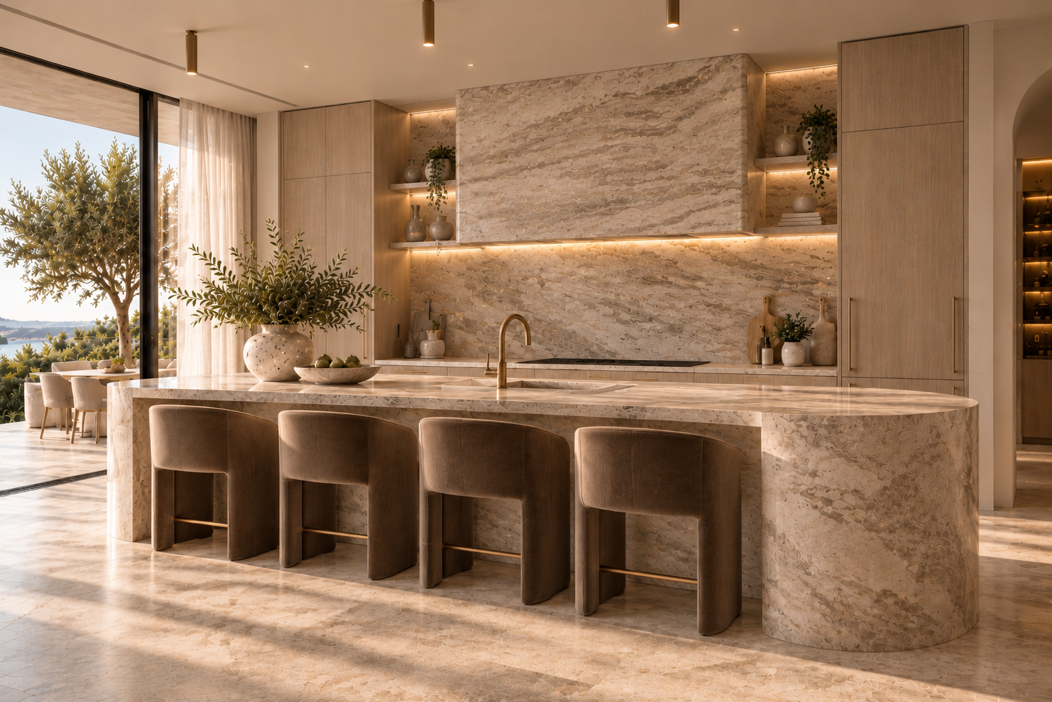 Warm timber kitchen with a natural stone island