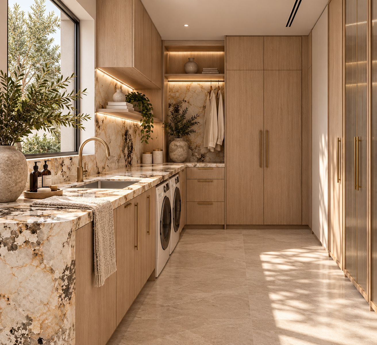 Laundry with timber cabinetry and coordinated stone surfaces