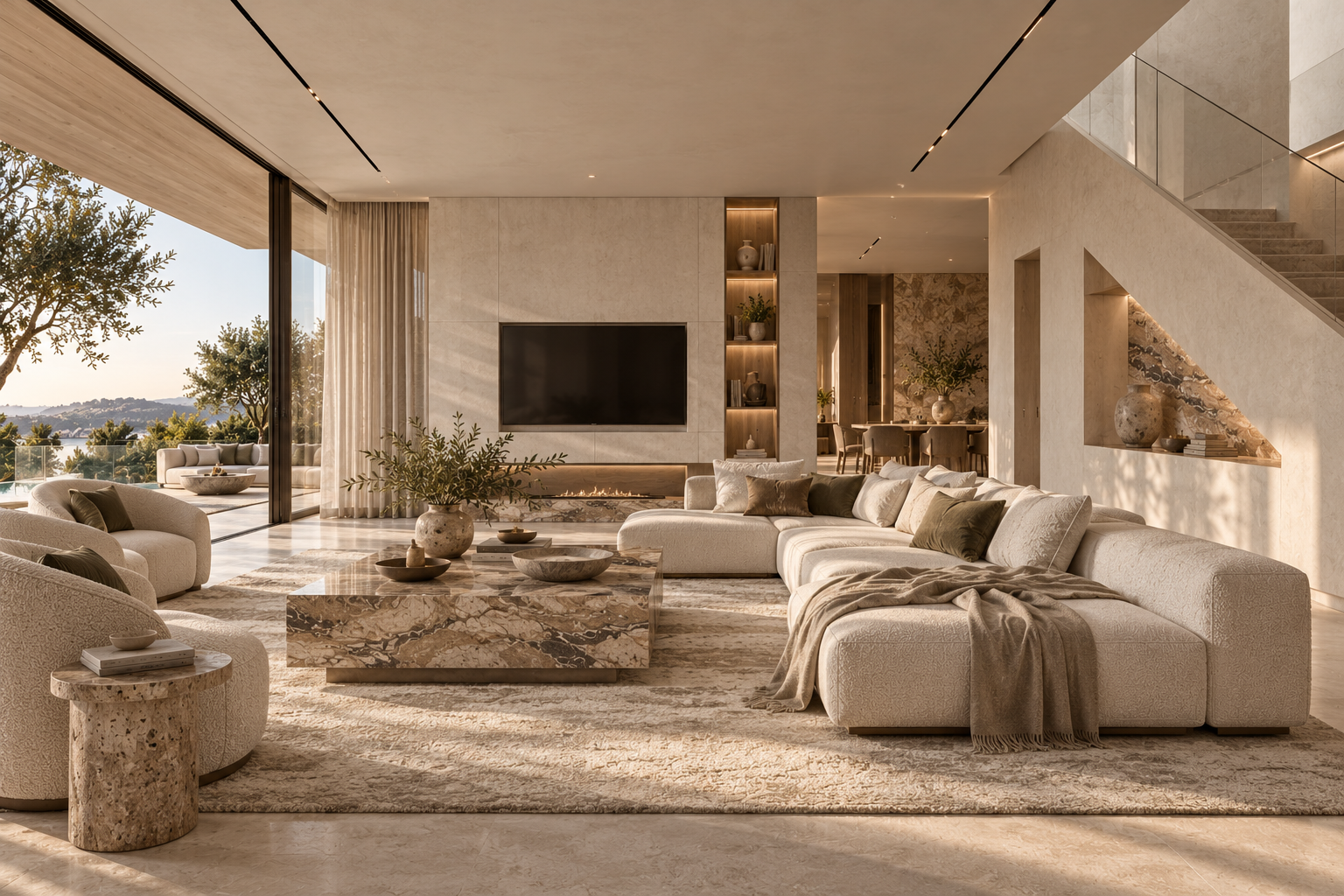 Organic modern living room with sculptural furniture and natural stone