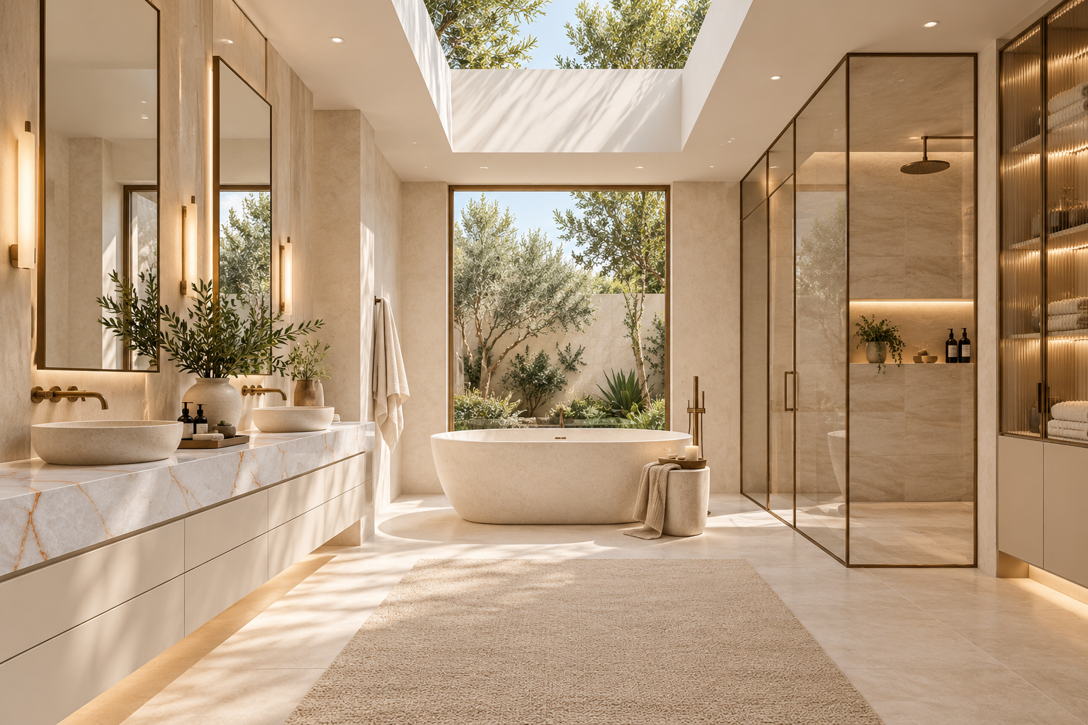 Marble bathroom with brass fixtures and a freestanding bath