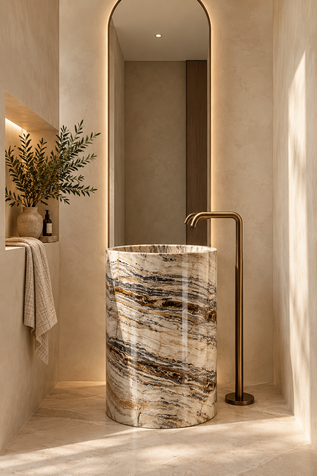 Sculptural marble basin with brass tapware and an arched mirror