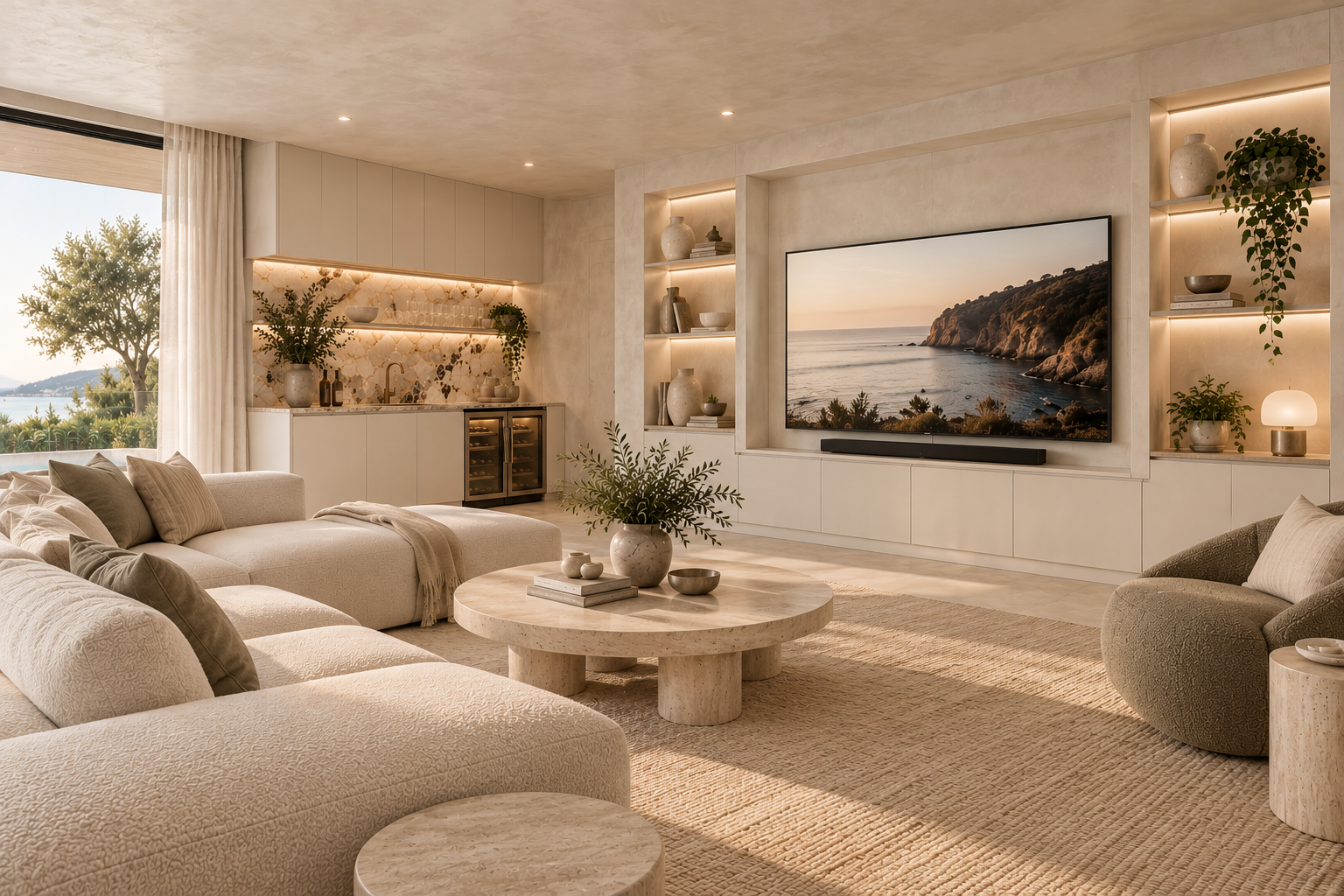 Warm neutral rumpus room with custom cabinetry and layered furnishings