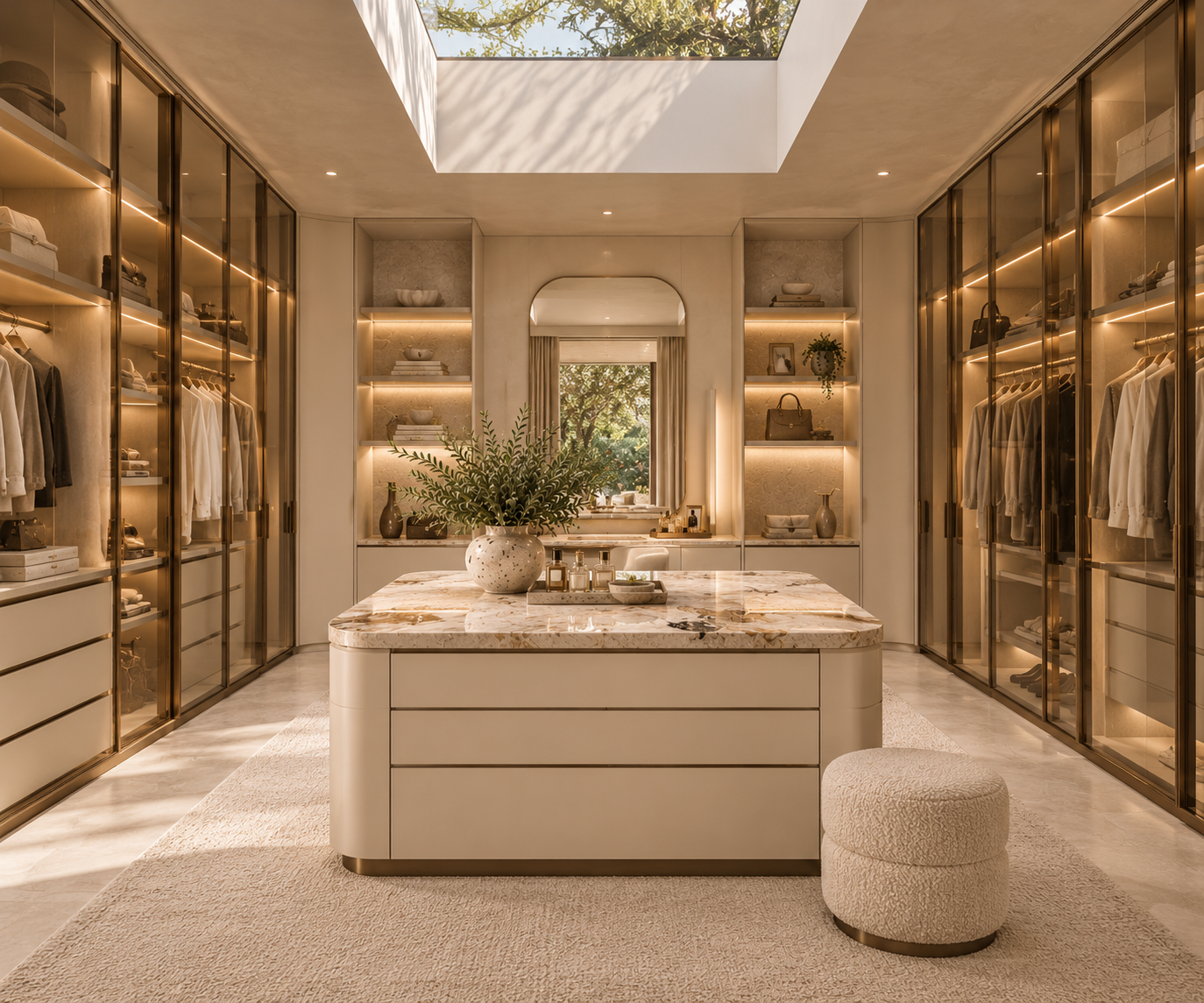 Custom walk-in robe with illuminated cabinetry and a stone-topped island