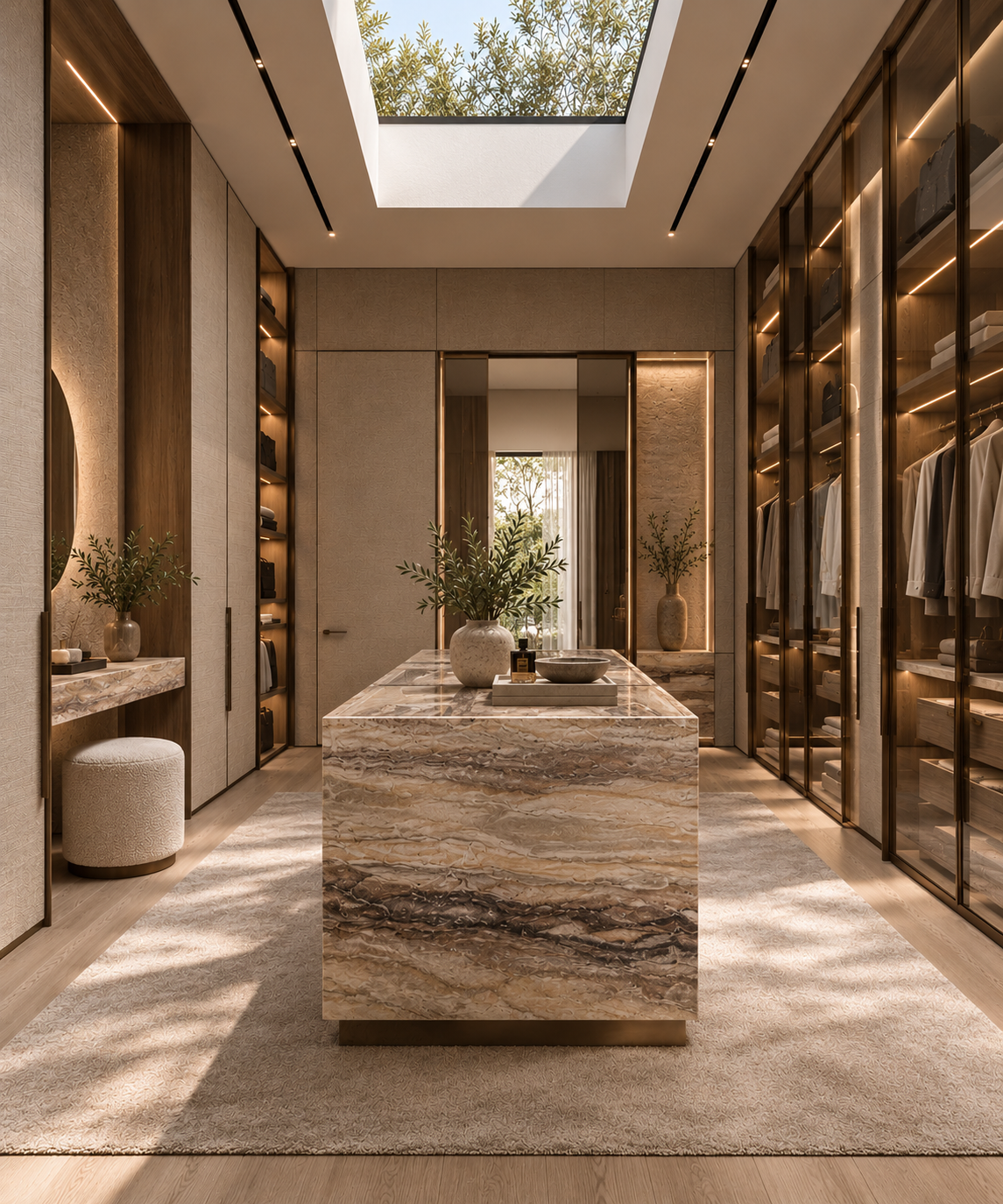 Walk-in robe with timber joinery and a sculptural stone island
